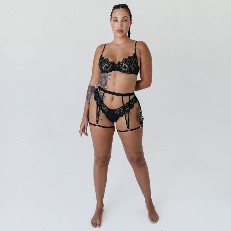 Frisson Garters Black - Monique Morin Model 5'11" 45" hip wearing size  M/L