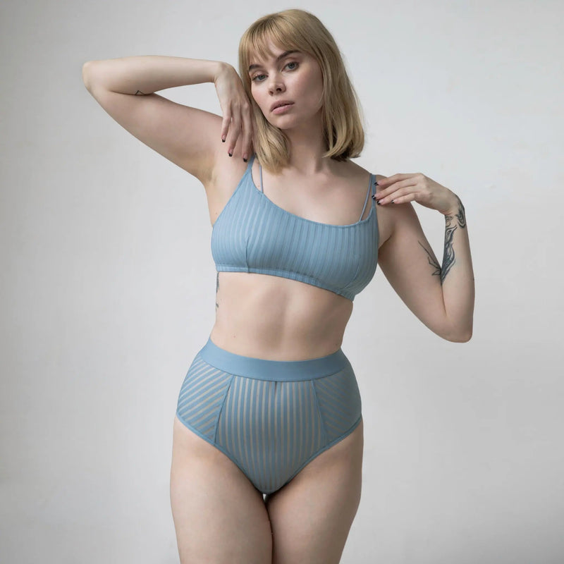 Vertigo Hi Waisted Brief Denim Blue - Monique Morin model 5'9" wearing size M