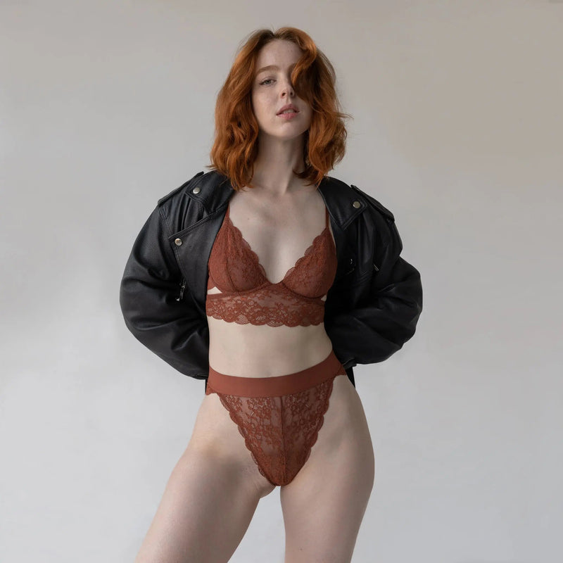 Wild Lace Hi Leg Salted Caramel - Monique Morin Model 5'6" hip 38" wearing size S