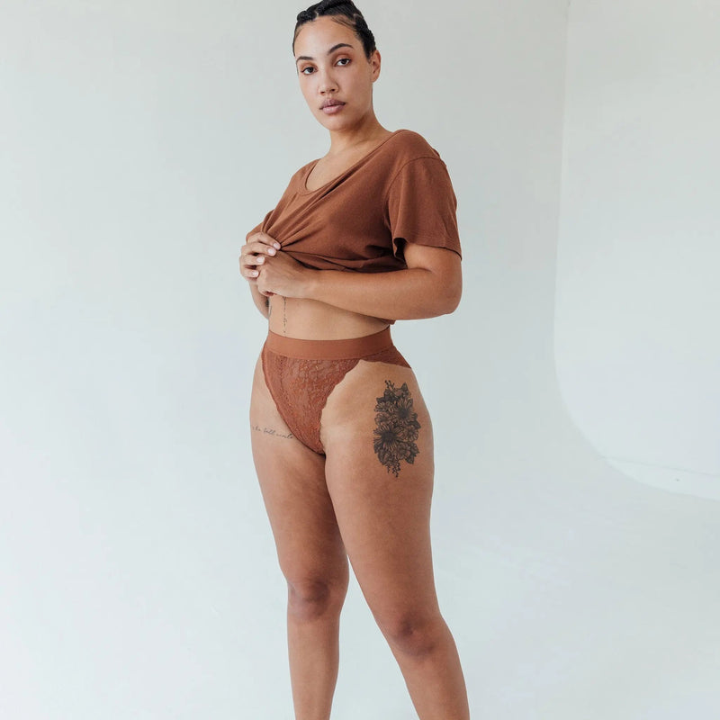 Wild Lace Hi Leg Salted Caramel - Monique Morin Model 5'11" hip 45" wearing size L
